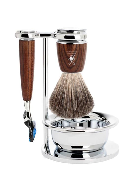 Muhle Rytmo Fusion 5 shaving set including stand and bowl with pure badger shaving brush and Fusion 5 razor with ash wood handles
