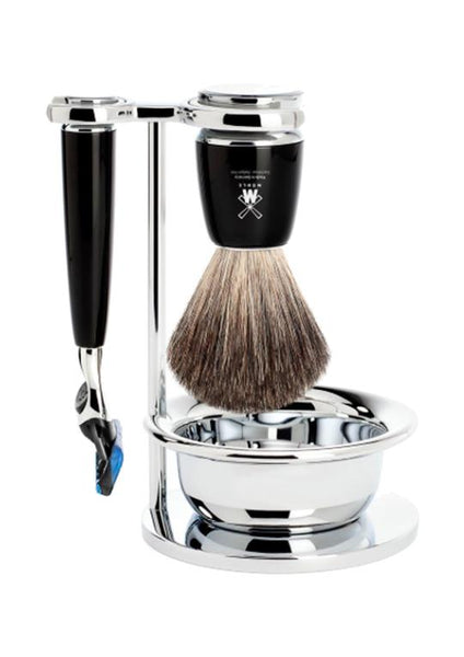 Muhle Rytmo Fusion 5 shaving set including stand and bowl with pure badger shaving brush and Fusion 5 razor with black resin handles