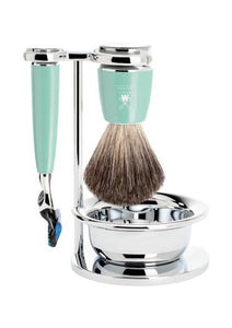 Muhle Rytmo Fusion 5 shaving set including stand and bowl with pure badger shaving brush and Fusion 5 razor with mint resin handles