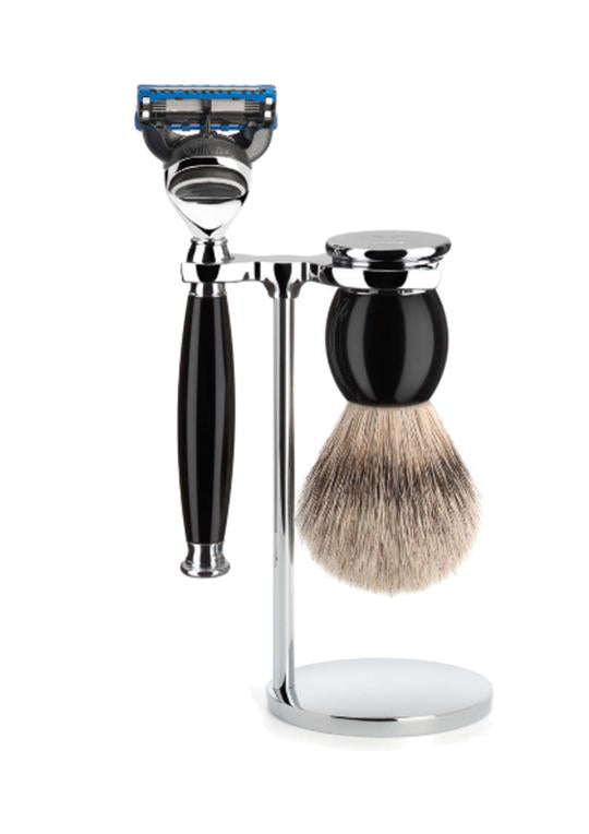 Muhle Sophist Fusion 5 shaving set including stand with silvertip badger shaving brush and Fusion 5 razor with black resin handles
