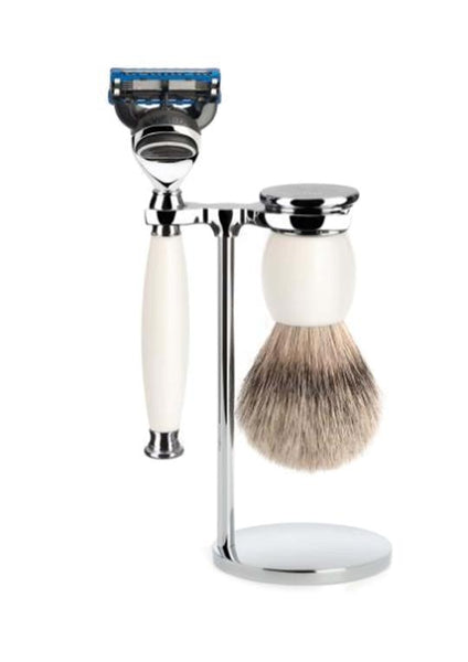 Muhle Sophist Fusion 5 shaving set including stand with silvertip badger shaving brush and Fusion 5 razor with white porcelain handles
