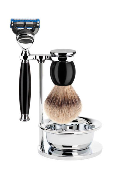 Muhle Sophist Fusion 5 shaving set with bowl including stand with silvertip badger shaving brush and Fusion 5 razor with black resin handles