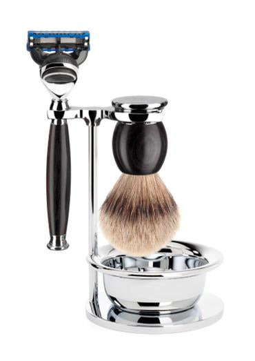 Muhle Sophist Fusion 5 shaving set with bowl including stand with silvertip badger shaving brush and Fusion 5 razor with grenadilla wood handles