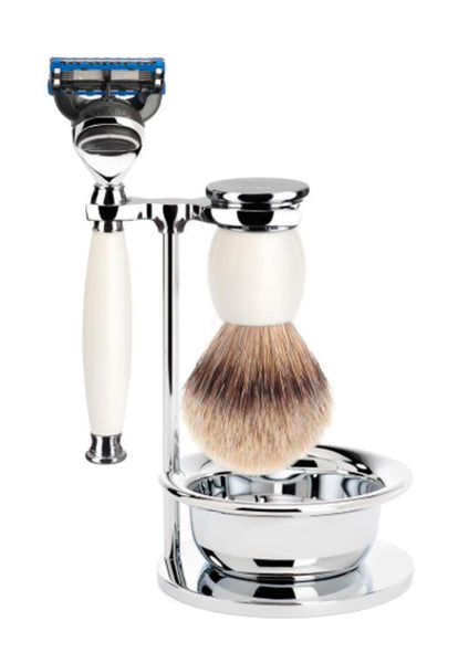 Muhle Sophist Fusion 5 shaving set with bowl including stand with silvertip badger shaving brush and Fusion 5 razor with white porcelain handles
