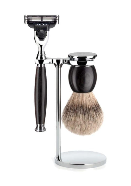Muhle Sophist Mach3 shaving set including stand with silvertip badger shaving brush and Mach3 razor with grenadilla wood handles