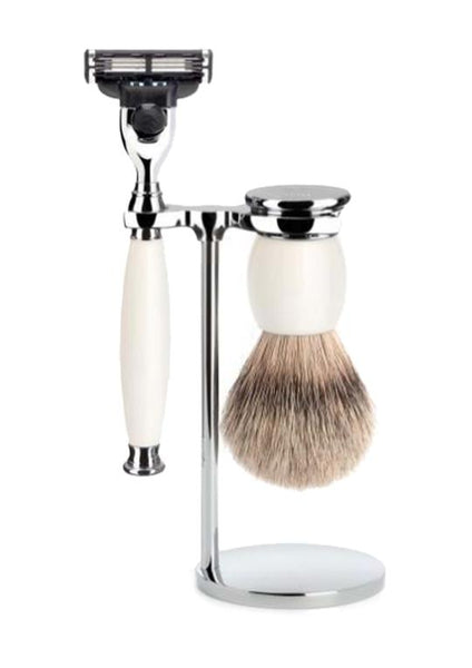 Muhle Sophist Mach3 shaving set including stand with silvertip badger shaving brush and Mach3 razor with porcelain handles