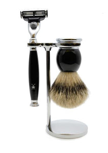 Muhle Sophist Mach3 shaving set including stand with silvertip badger shaving brush and Mach3 razor with black resin handles