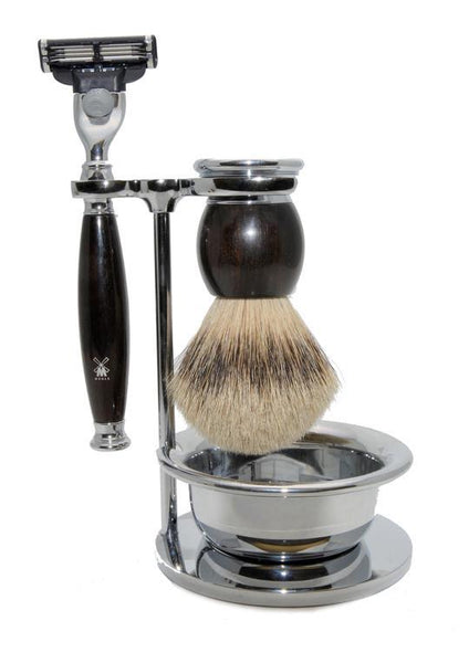 Muhle Sophist Mach3 shaving set including stand and bowl with silvertip badger shaving brush and Mach3 razor with grenadilla wood handles