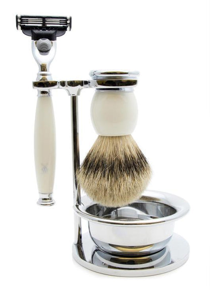 Muhle Sophist Mach3 shaving set including stand and bowl with silvertip badger shaving brush and Mach3 razor with porcelain handles