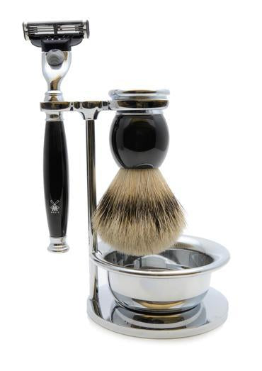 Muhle Sophist Mach3 shaving set including stand and bowl with silvertip badger shaving brush and Mach3 razor with black resin handles