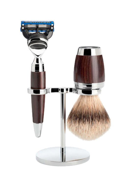 Muhle Stylo Fusion 5 shaving set including stand with silvertip badger shaving brush and Fusion 5 razor with grenadilla wood handles
