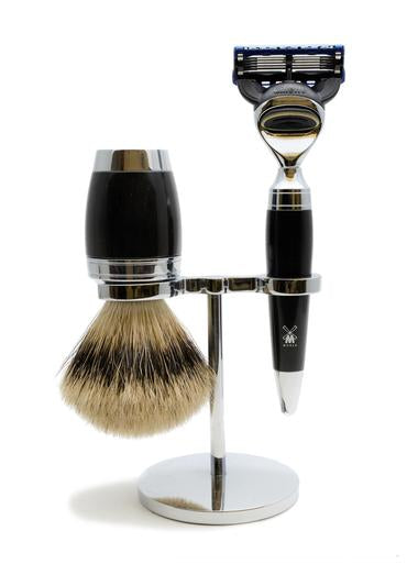 Muhle Stylo Fusion 5 shaving set including stand with silvertip badger shaving brush and Fusion 5 razor with black resin handles