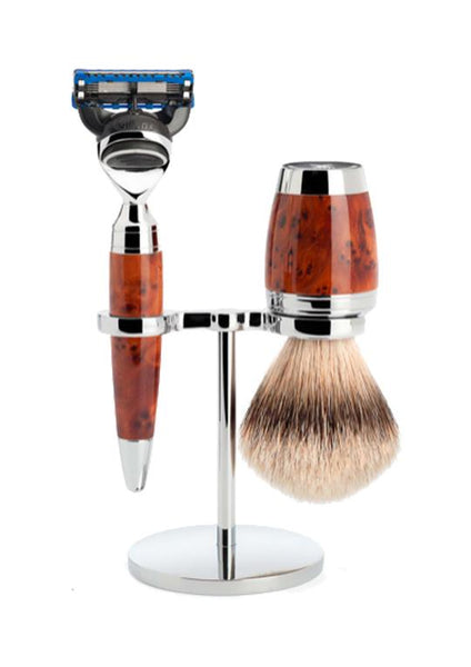 Muhle Stylo Fusion 5 shaving set including stand with silvertip badger shaving brush and Fusion 5 razor with thuja wood handles
