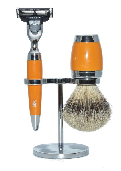 Muhle Stylo Mach3 shaving set including stand with silver tip badger shaving brush and Mach3 razor with butterscotch handles