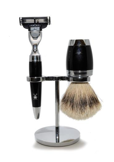 Muhle Stylo Mach3 shaving set including stand with silver tip badger shaving brush and Mach3 razor with black resin handles