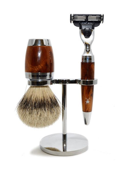 Muhle Stylo Mach3 shaving set including stand with silver tip badger shaving brush and Mach3 razor with Thuja wood handles