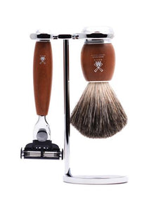 Muhle Vivo Mach3 shaving set including stand with pure badger shaving brush and Mach3 razor with plumwood handles