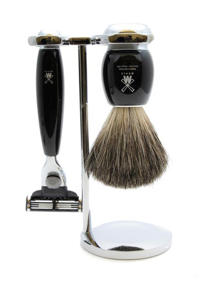 Muhle Vivo Mach3 shaving set including stand with pure badger shaving brush and Mach3 razor with black resin handles