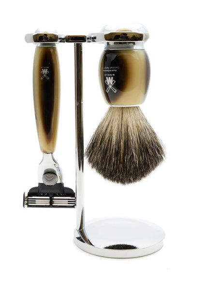 Muhle Vivo Mach3 shaving set including stand with pure badger shaving brush and Mach3 razor with horn resin handles