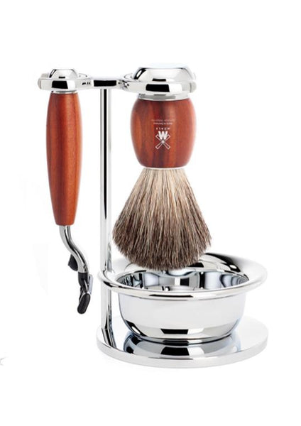 Muhle Vivo Mach3 shaving set including stand and bowl with pure badger shaving brush and Mach3 razor with plum wood handles