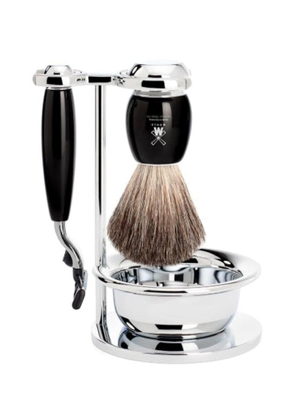 Muhle Vivo Mach3 shaving set including stand and bowl with pure badger shaving brush and Mach3 razor with black resin handles