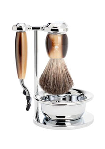 Muhle Vivo Mach3 shaving set including stand and bowl with pure badger shaving brush and Mach3 razor with horn resin handles