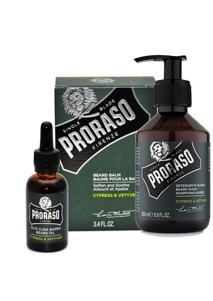 Proraso cypress and vetiver scented beard balm with beard oil and beard wash