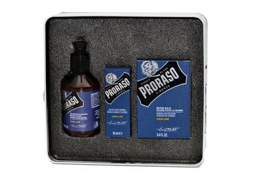 Proraso azur lime scented beard kit including beard wash, beard oil and beard balm in a tin