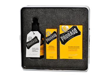Proraso wood and spice scented beard kit including beard wash, beard oil and beard balm in a tin