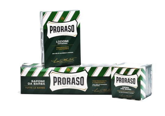 Proraso Green vintage selection tin including pre shave, shaving cream in a tube and after shave lotion