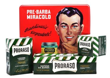 Proraso Green vintage selection tin including pre shave, shaving cream in a tube and after shave lotion with tin