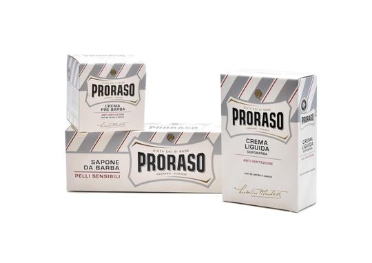 Proraso White pre-shave, shaving cream in a tube and after shave balm