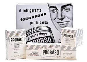 Proraso White vintage selection tin including pre-shave, shaving cream in a tube and after shave balm