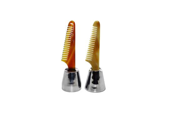 Two St James Shaving Emporium 10cm real horn beard and moustache combs in stand
