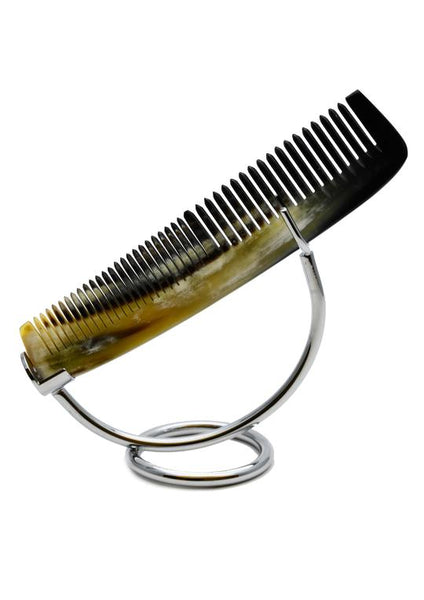 St James Shaving Emporium 140mm dark horn comb on a stand