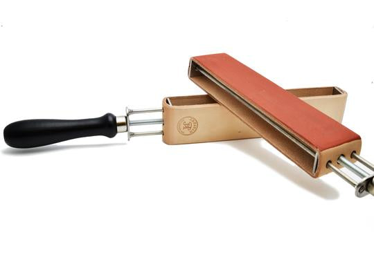 Tension mounted adjustable strop with untreated and red pasted leather