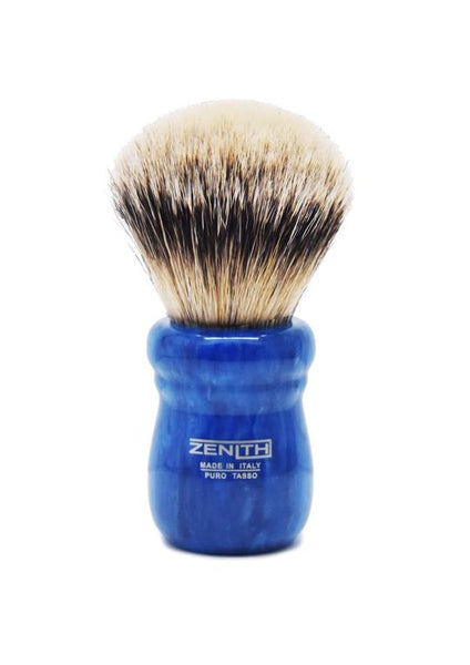 Zenith 505 shaving brushes with silvertip badger bristles and blue marble resin handle