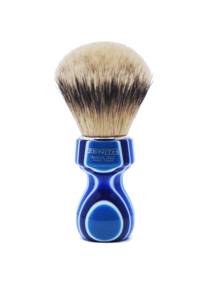 Zenith 506 shaving brushes with silvertip badger bristles and blue fantasia resin handle
