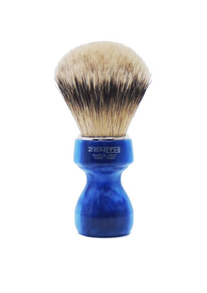 Zenith 506 shaving brushes with silvertip badger bristles and blue marble resin handle