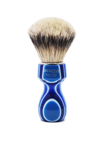 Zenith 507 shaving brushes with silvertip badger bristles and blue fantasia resin handle